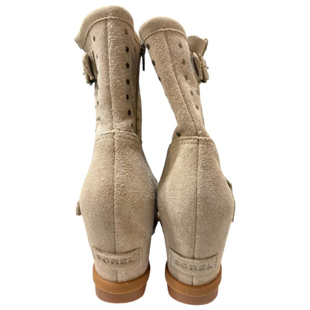 SOREL Joan Of Artic Sandy Tan Suede Stud‎ Wedge Boots